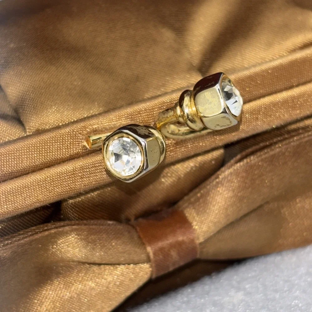 Valerie Stevens Gold Satin Duel Strap Clutch Purse Bow Rhinestone Kiss Lock EUC